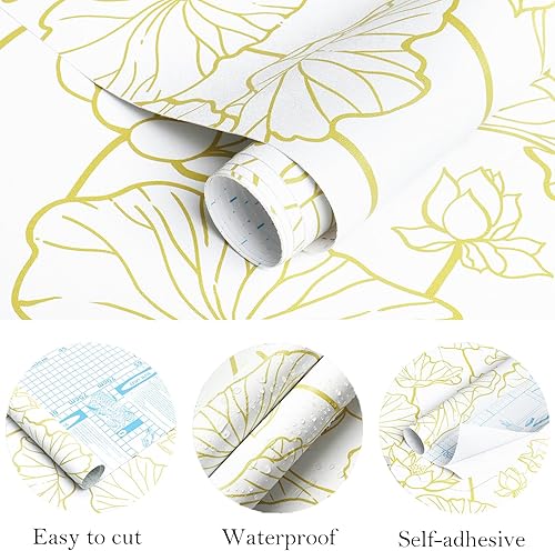 Miniatura 5 de Fiula Papel tapiz de flores para despegar y pegar de 16.1 x 393 pulgadas, papel tapiz blanco y amarillo, papel de contacto de loto, papel tapiz