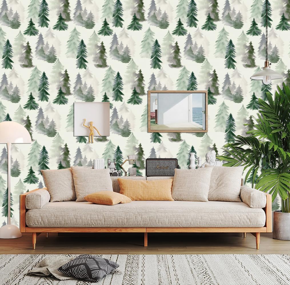 RANRAN Peel and Stick Wallpaper, Watercolour Pine Forest,Self Adhesive Wallpaper for Bedroom Furniture Wall Home Decorations 17.3in x 236in（44 cm x 600 cm）