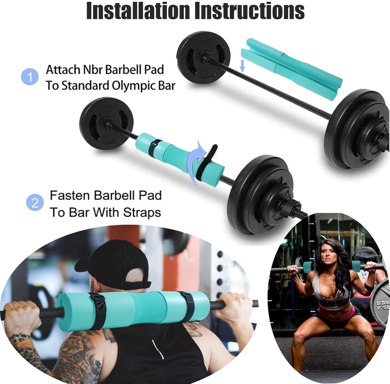 Squat Pad Set - Foam Barbell Pad for Squats Cushion, Lunges & Bar Padding for Hip Thrusts - Standard Olympic Weight Bar Pad - With Ankle Straps, Wrist Straps for Weightlifting
