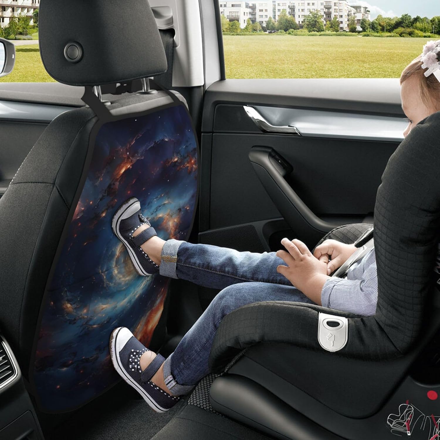 Car Seat Back Kick Protector 2 Pack 18.5" x 26.4", Realistic Spiral Galaxy with Orange & Blue Cosmic Clouds Upgraded Large Rear Seat Cover for Dirty Shoes Kids Pets, Waterproof Oxford Fabric A