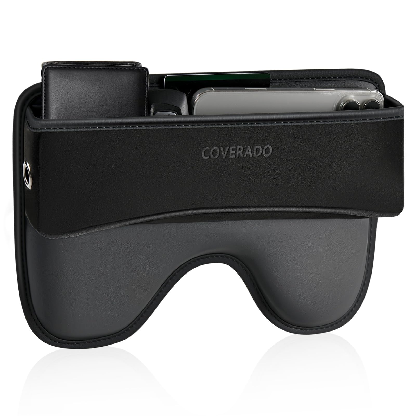 Coverado - Organizador universal para asientos de coche, de piel de ante de primera calidad, para rellenar los huecos laterales del asiento, caja de almacenamiento para SUV, camión, accesorios interiores de coche, color negro, 1 unidad