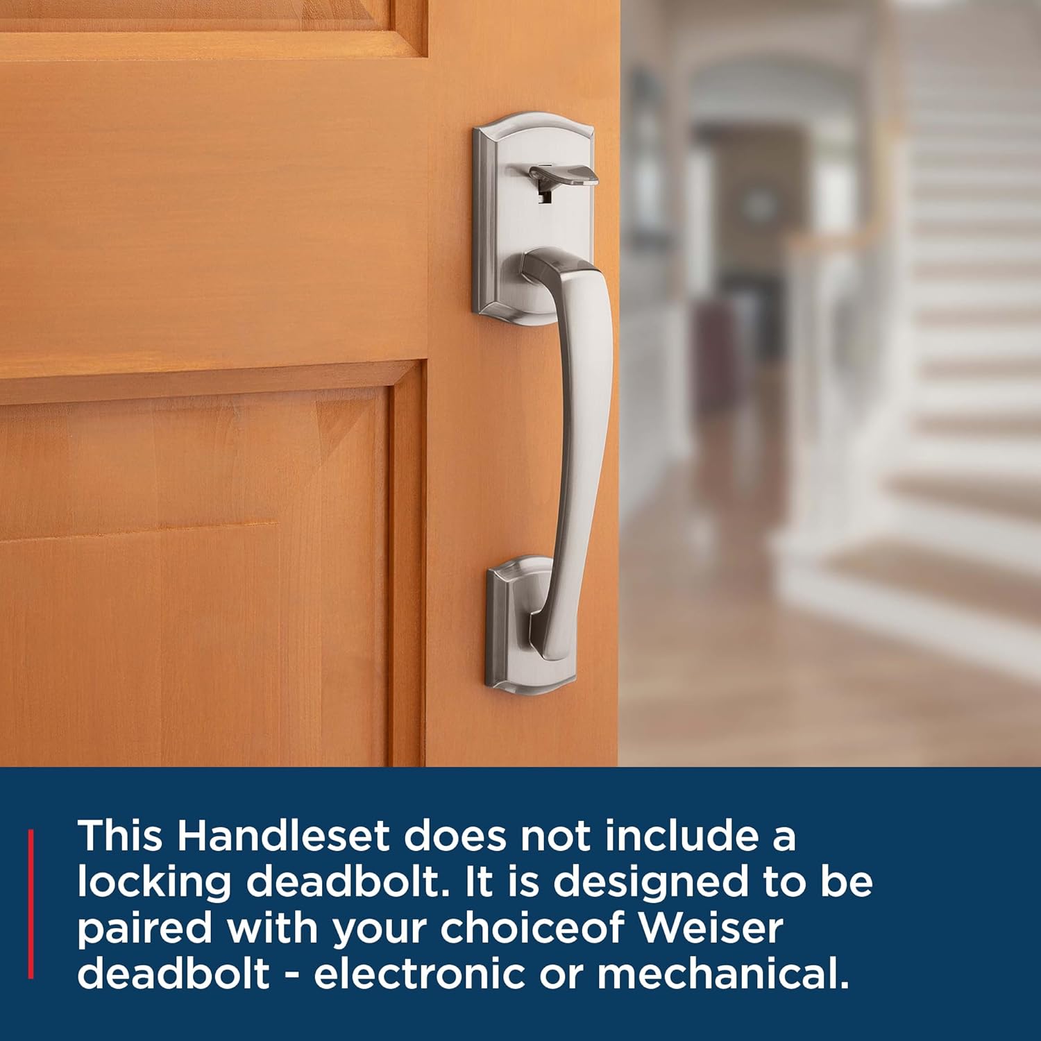 Weiser Prescott/Katella Handleset installed on a wooden door, showing the exterior handle and keyhole