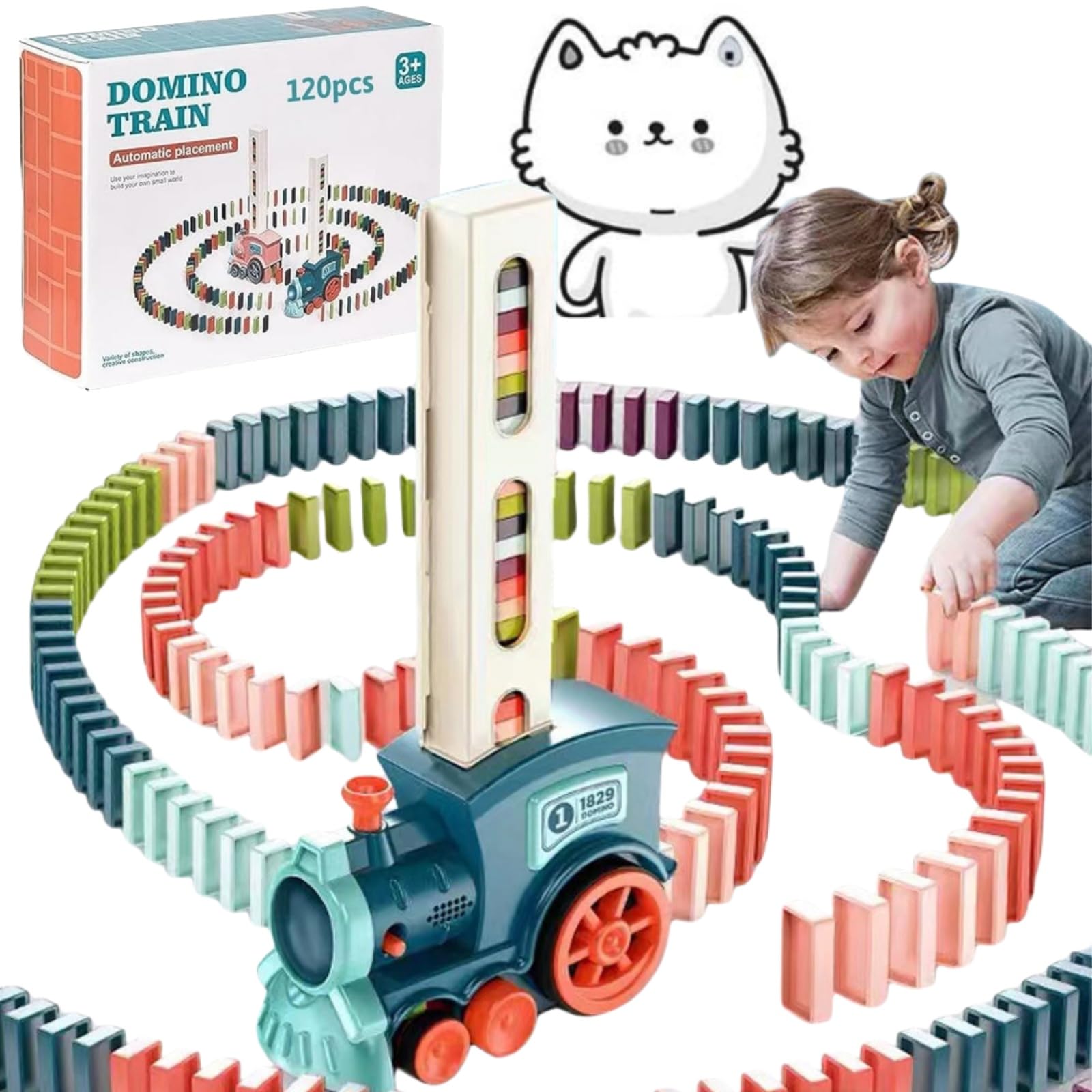 Ryfpdml Domino Train Toy Set with 180Pcs Domino Blocks, Automatic Domino Train Electric Train with Sound for 3 4 5 6 7 Years Old Boys Girls Mini 10 Rolls