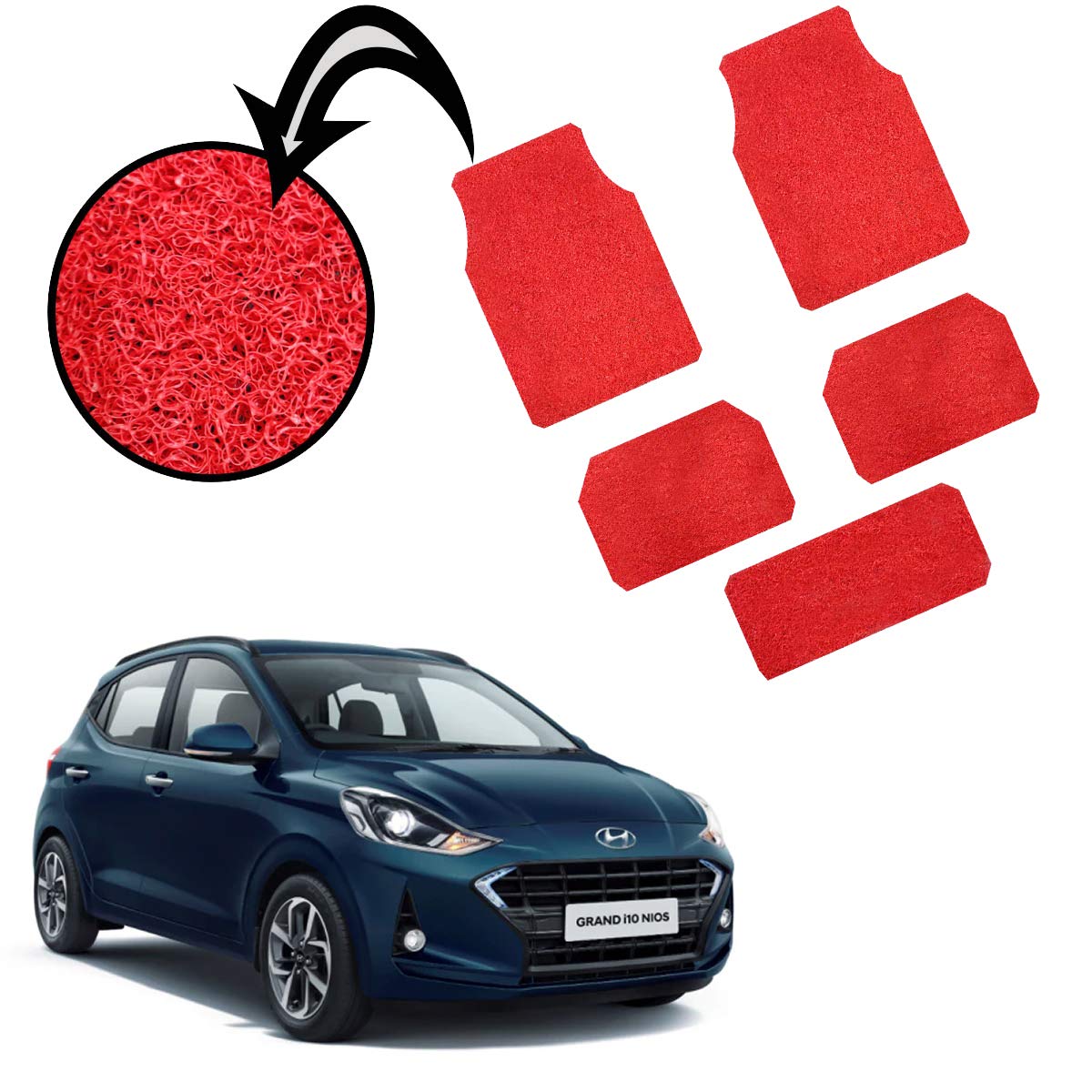 SHOOLIN Anti Skid Noodle Car Floor Mats/Grass Mat for Hyundai Grand i10 Nios_(Red & Black