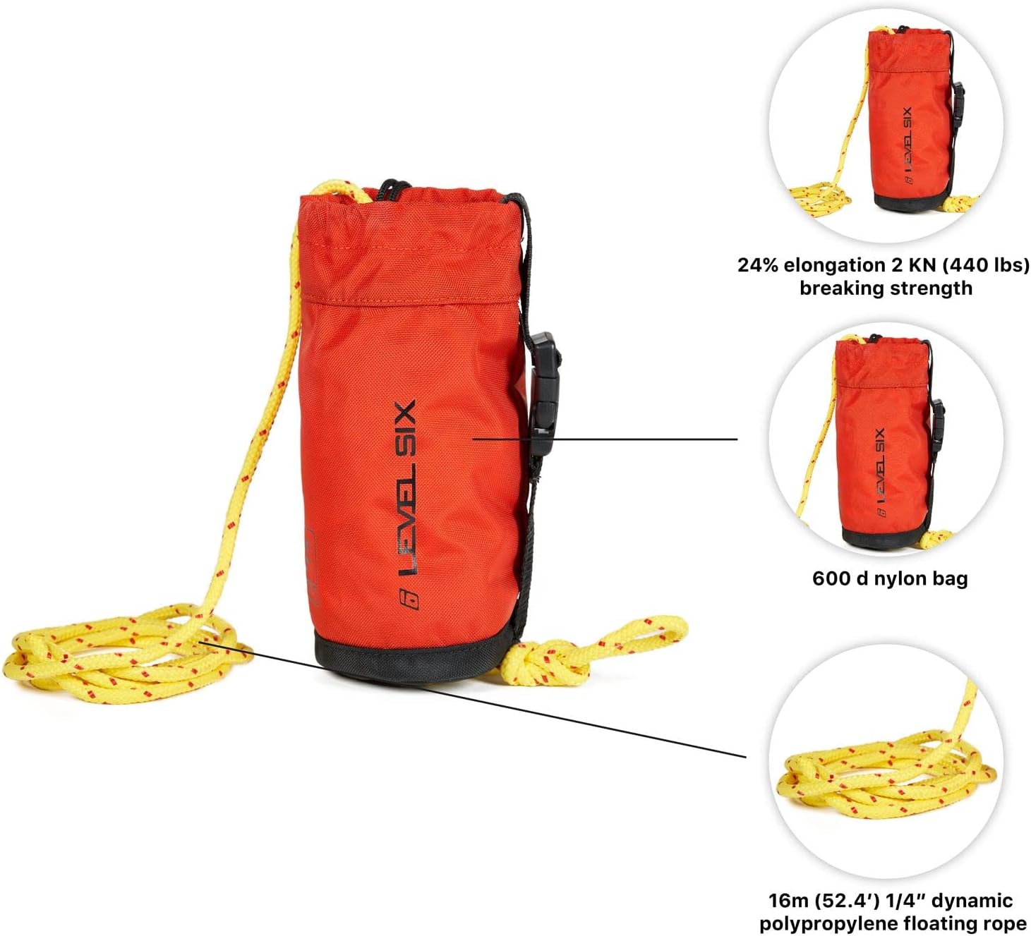Level Six Compact Throw Bag with 16m (52.4’) x ¼’ Floating 2 KN Rope and 600d Nylon Bag, Webbing Clip, Internal Float and Drain