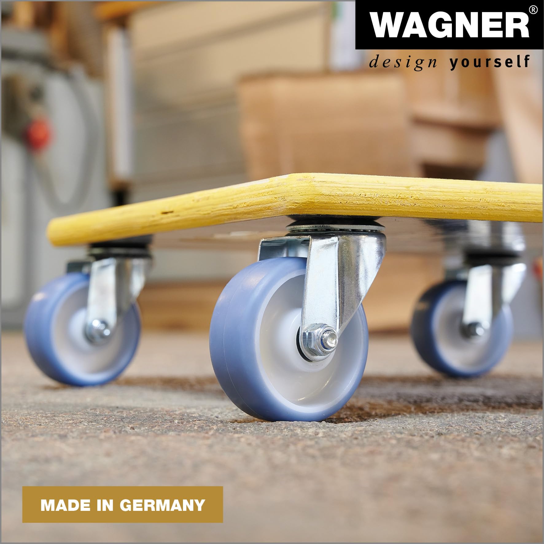 WAGNER Transportroller Transporthilfe 1340 I Schichtholz mit Grip I 38 x 38 x 11 cm, Tragkraft 300 kg I Möbelroller für Umzug I Rollbrett Softrollen I Schwerlastrollbrett Tragegriff I FSC®I Made in DE