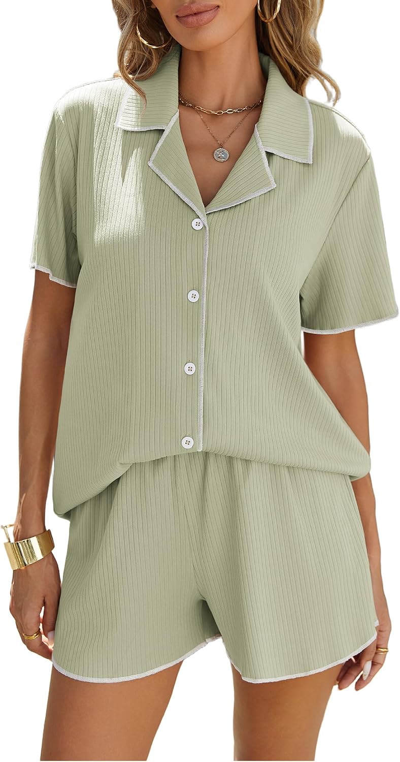 Ekouaer Women's Ribbed Button Down Pajamas Sets 2 Piece Short Sleeve Shorts Pjs Knit Lounge Sets