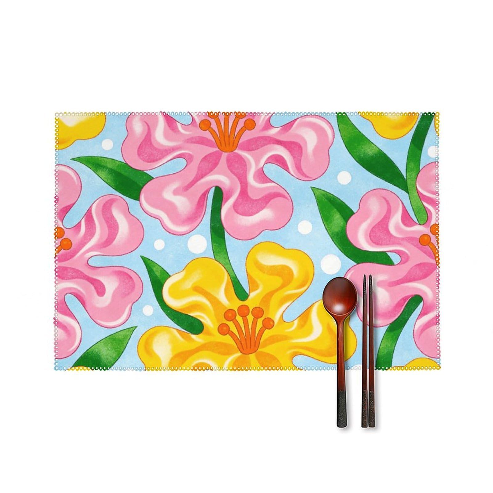Pink and Yellow Flowers are in Full Bloom Placemats Set of 6, 12x18 Inch Heat Resistant Washable Canvas Table Mats, Stain Resistant Decorative Dining Placemats for Kitchen, Restaurant, Outdoor Party