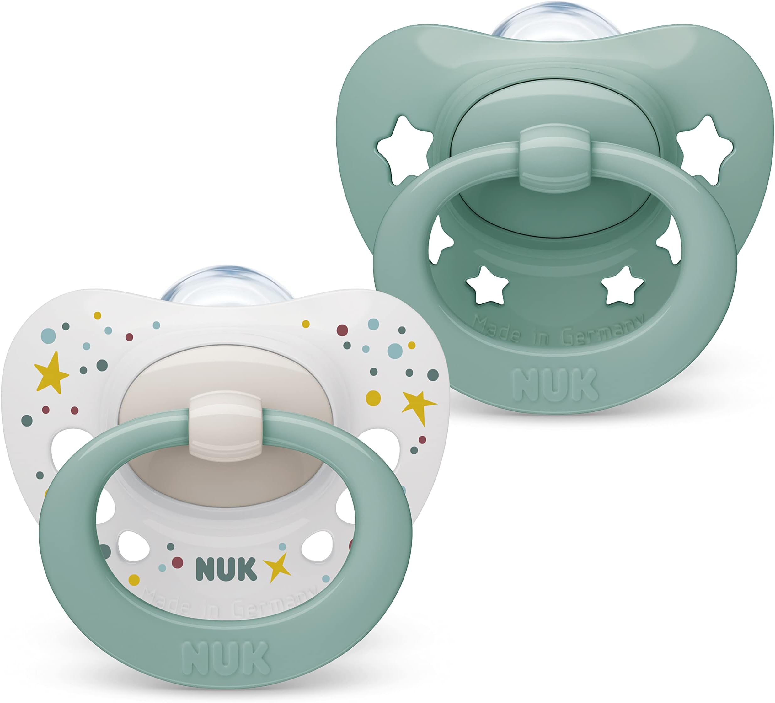 NUK Signature Baby Dummy | 0-6 Months | Soothes 95% of Babies | Heart-Shaped BPA-Free Silicone Soothers | Includes Case | Green Stars | 2 Count
