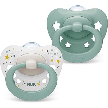 NUK Signature Baby Dummy 0-6 Months Soothes 95% of Babies Silicone Heart-Shaped Pacifier with Case Green Stars Pack of 2