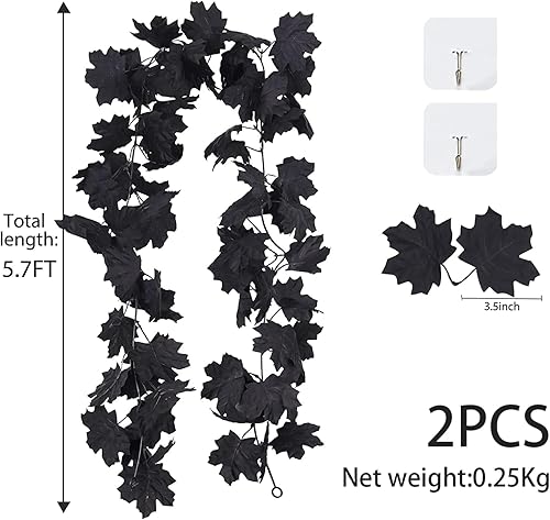 Miniatura 7 de Guirnalda de hojas negras artificiales de Halloween, guirnalda otoñal, 2 unidades, guirnalda de hojas de arce de otoño de Halloween, 5.7 pies, vid