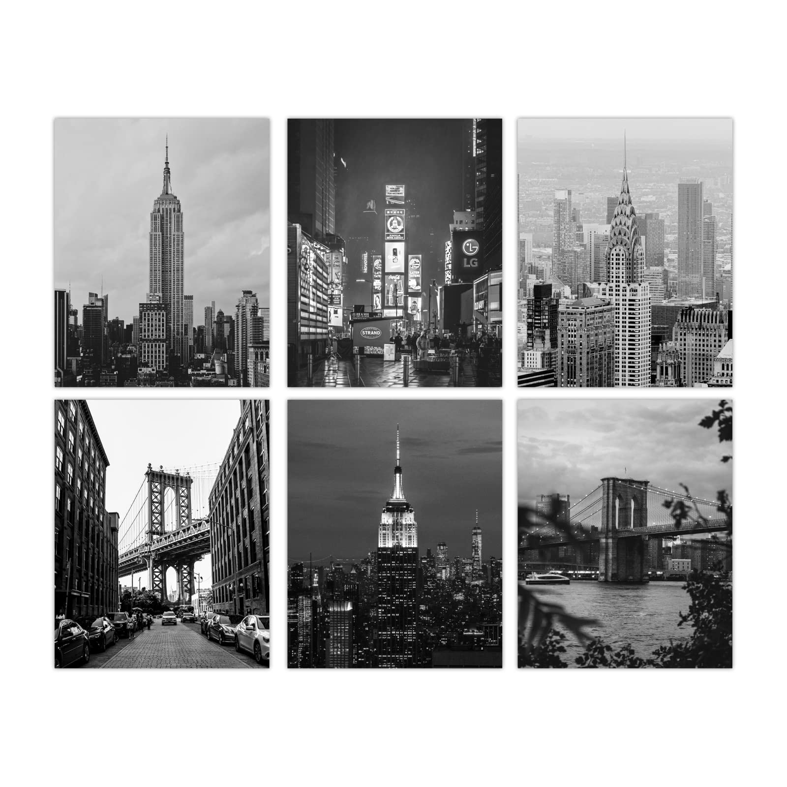 PLIGREAT 6 Pcs New York City View Wall Prints Unframed Black and White Wall Art Decor City Landmarks Photos Wall Paintings Canvas Wall Art Prints for Living Room Bedroom Gallery Home Wall Decoration