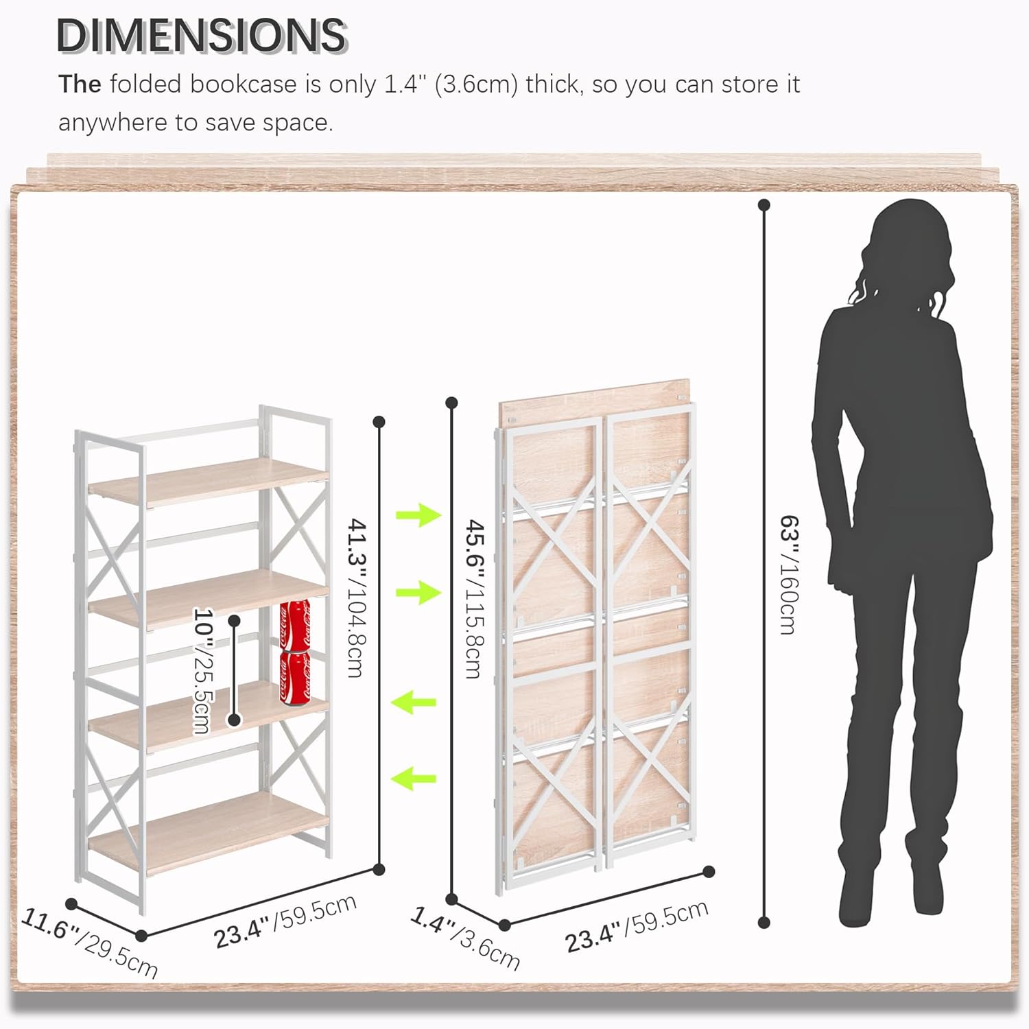 4NM 4 Tiers No Assembly Book Shelves, 41.3" H Folding Bookshelf Bookcase Open Industrial Foldable Shelves for Bedroom, Living Room, Home Office - Natural White - Image 3