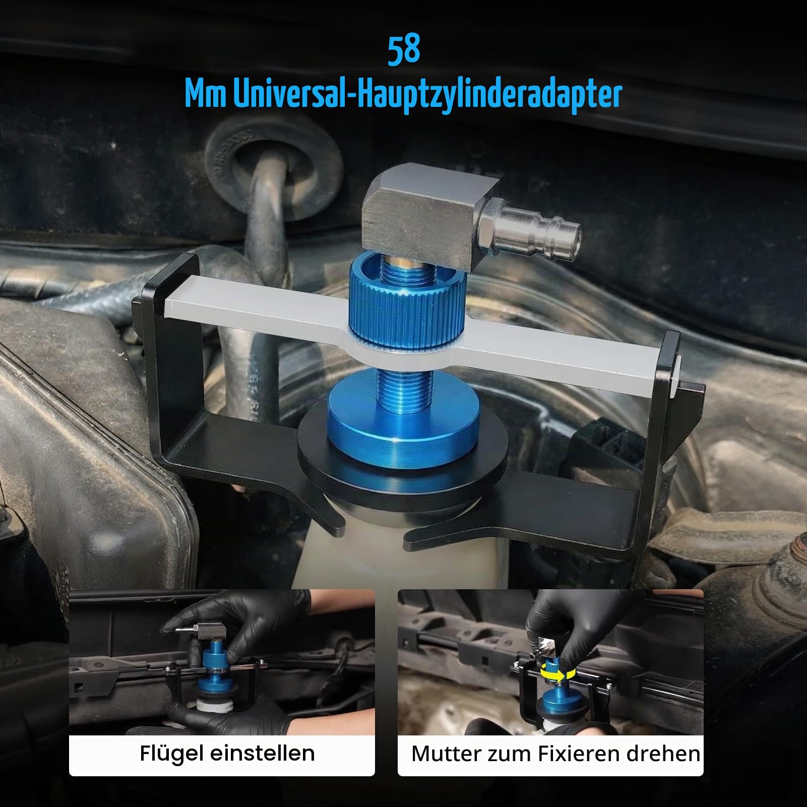 Universeller Bremsenentlüftungsgerät Adapter, 22-58mm Verstellbarer Bremsflüssigkeitsbehälter Adapter mit 4 Schnellkupplungen, Dichtungsring Anti-Leckage, für Meisten Fahrzeuge