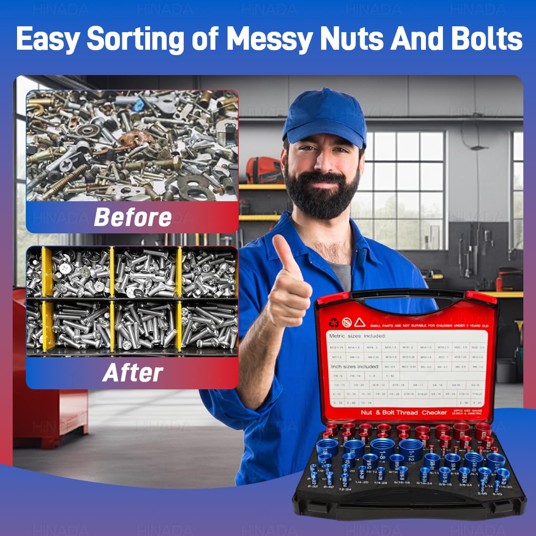 52PCS Nut and Bolt Thread Checker, 28 Inch & 24 Metric Box Set Thread Gauge, Thread Checker Kit in Standard and Metric Suitable for Nut Bolt Size Finder on Tricky and Narrow Area