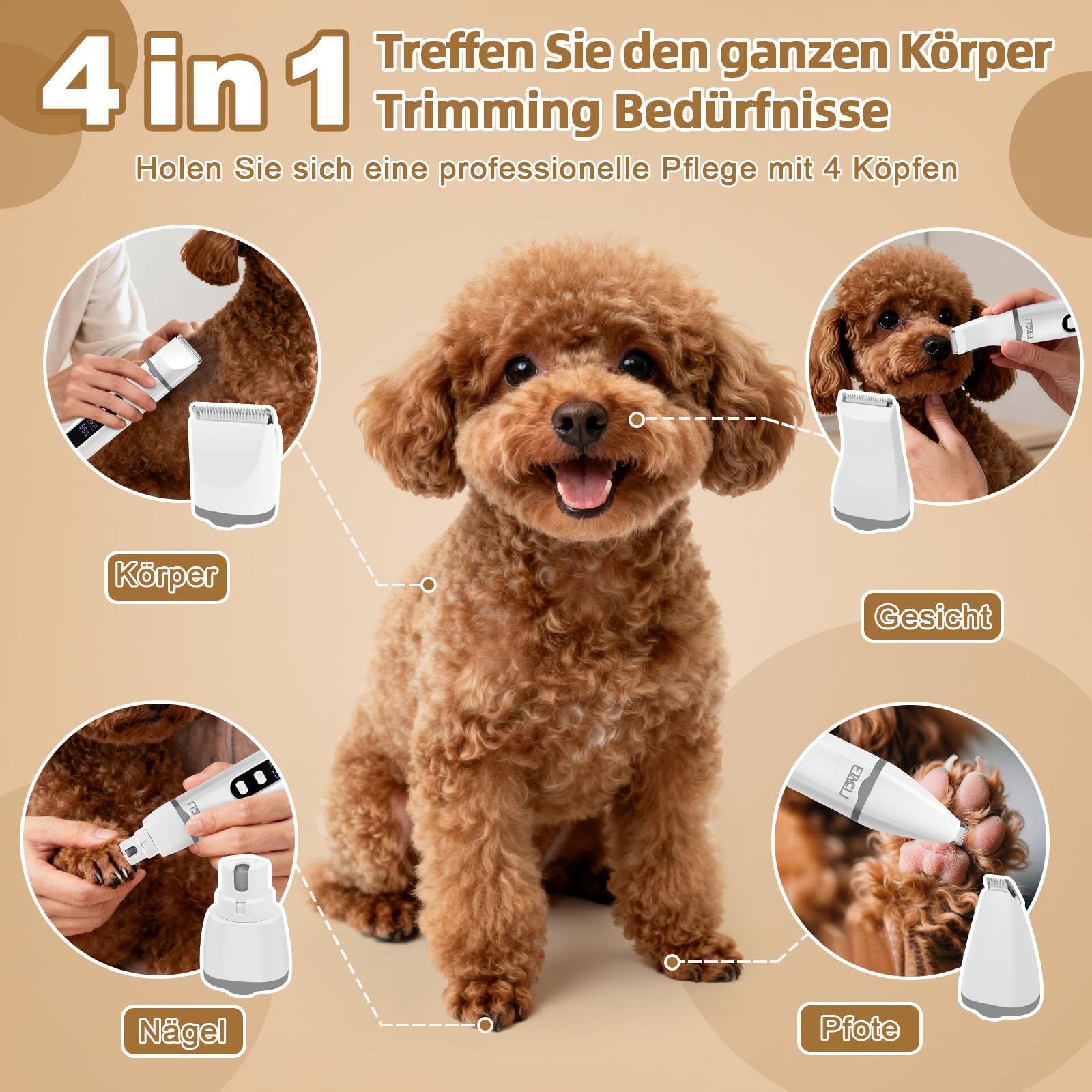ETACCU Profi Hundeschermaschine 4 in 1 mit Krallenschleifer, Akku Tierhaarschneider für Hunde und Katzen, Leiser Hundetrimmer mit LED-Anzeige, Keramikklinge, USB-C, Fellpflege Set