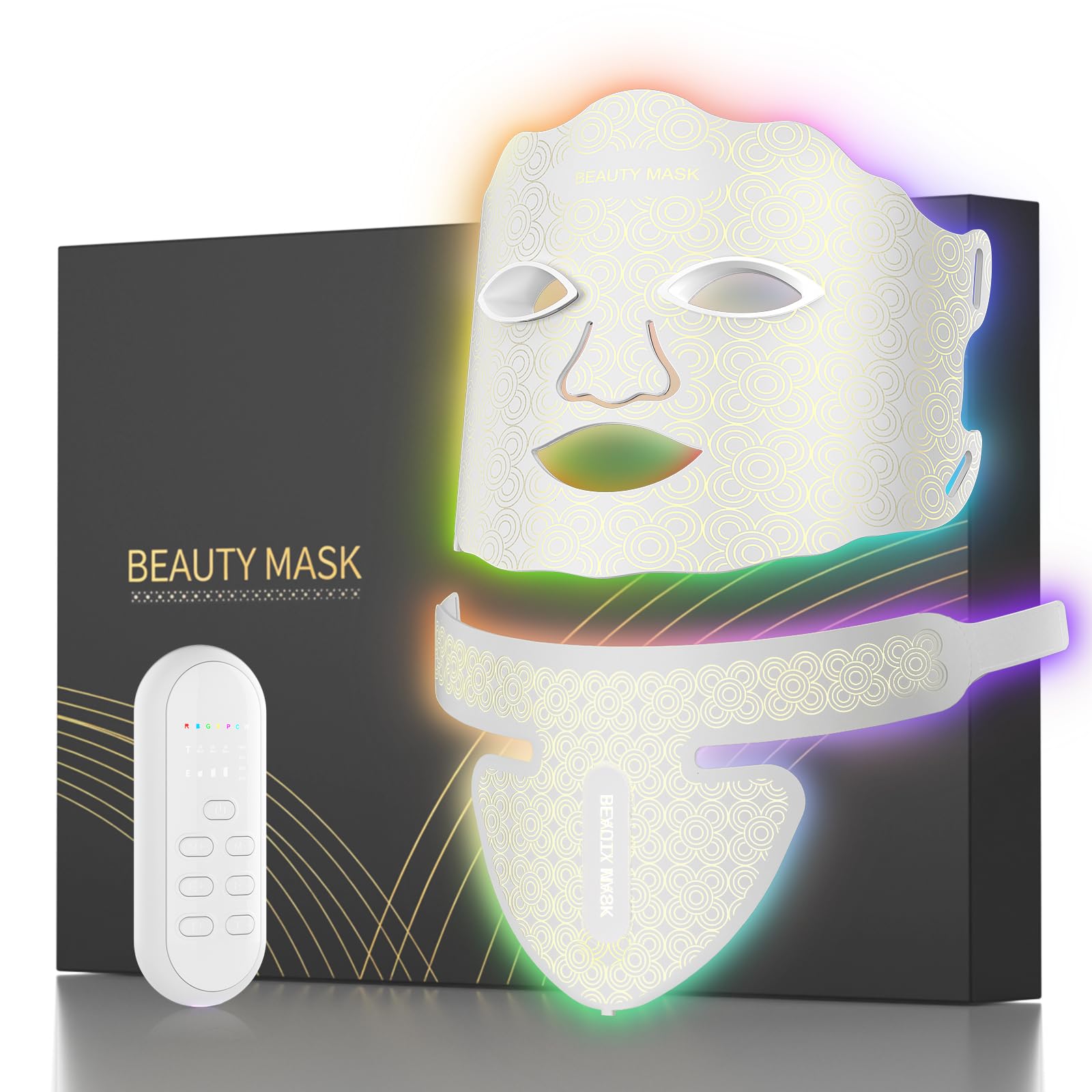 Masque Neck Set LED Visage Professionnel 7 Couleurs – Luminothérapie Anti-Âge Anti-Acné, Stimulation Collagène 630nm, Soin Visage Rajeunissement Peau, Réduction Rides & Taches-Blanc