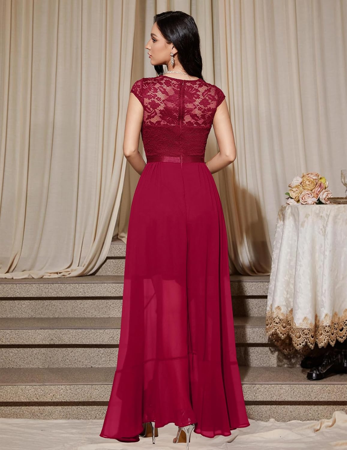 Bbonlinedress Women's V-Neck Dress for Women Wedding Guest Hi-Lo Floral Lace Prom Cocktail Party Formal Bridesmaid Dress - Image 3