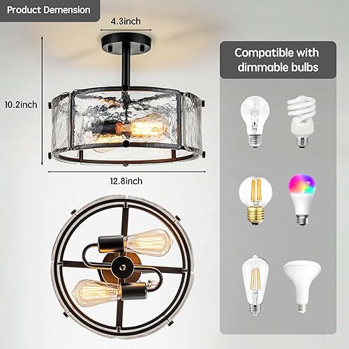 Miniatura 5 de Moderna lámpara de techo semiempotrada, 2 luces negras de montaje empotrado con pantalla de vidrio ondulado, luces de granja cerca de techo para