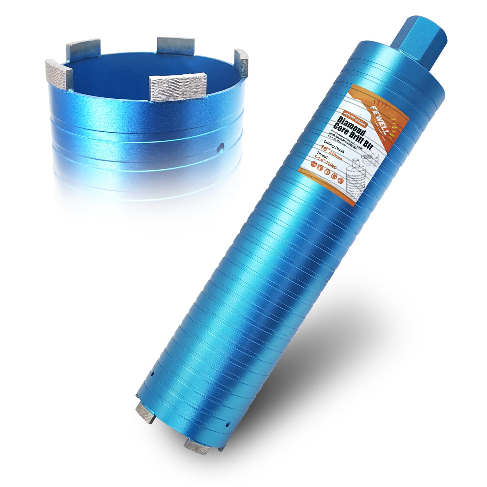 FEWELL Punta da trapano a tazza diamantata da 10,2 cm con segmento Arix, 1-1/4"-7 UNC x 16" profondità, punta diamantata per calcestruzzo armato, cemento, asfalto, mattoni e muratura, tecnologia di