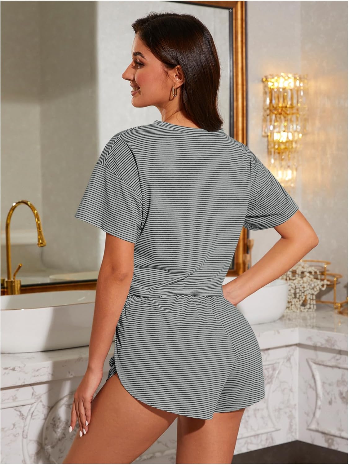 OYOANGLE Women's 2 Pack Pajama Set Striped Short Sleeve Tshirt and Split Shorts Cute Pjs Lounge Set Summer Sleepwear - Image 3