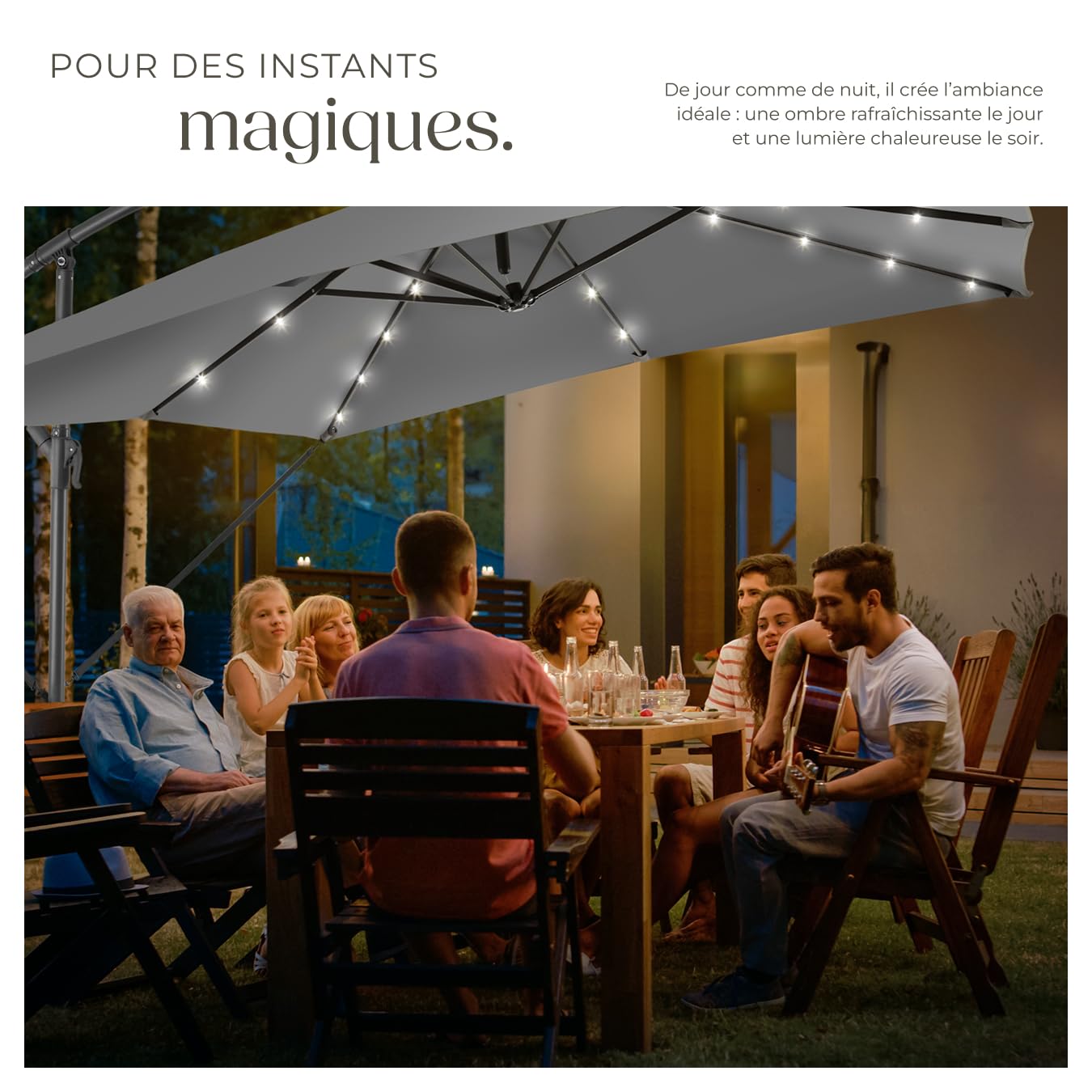 tectake® Parasol de Jardin Exterieur Parasol déporté à manivelle 2,5x2,5m avec éclairage LED solaire, Inclinable, Protection UV 50+ Résistant au vent, Housse de protection incluse, Salon de jardin