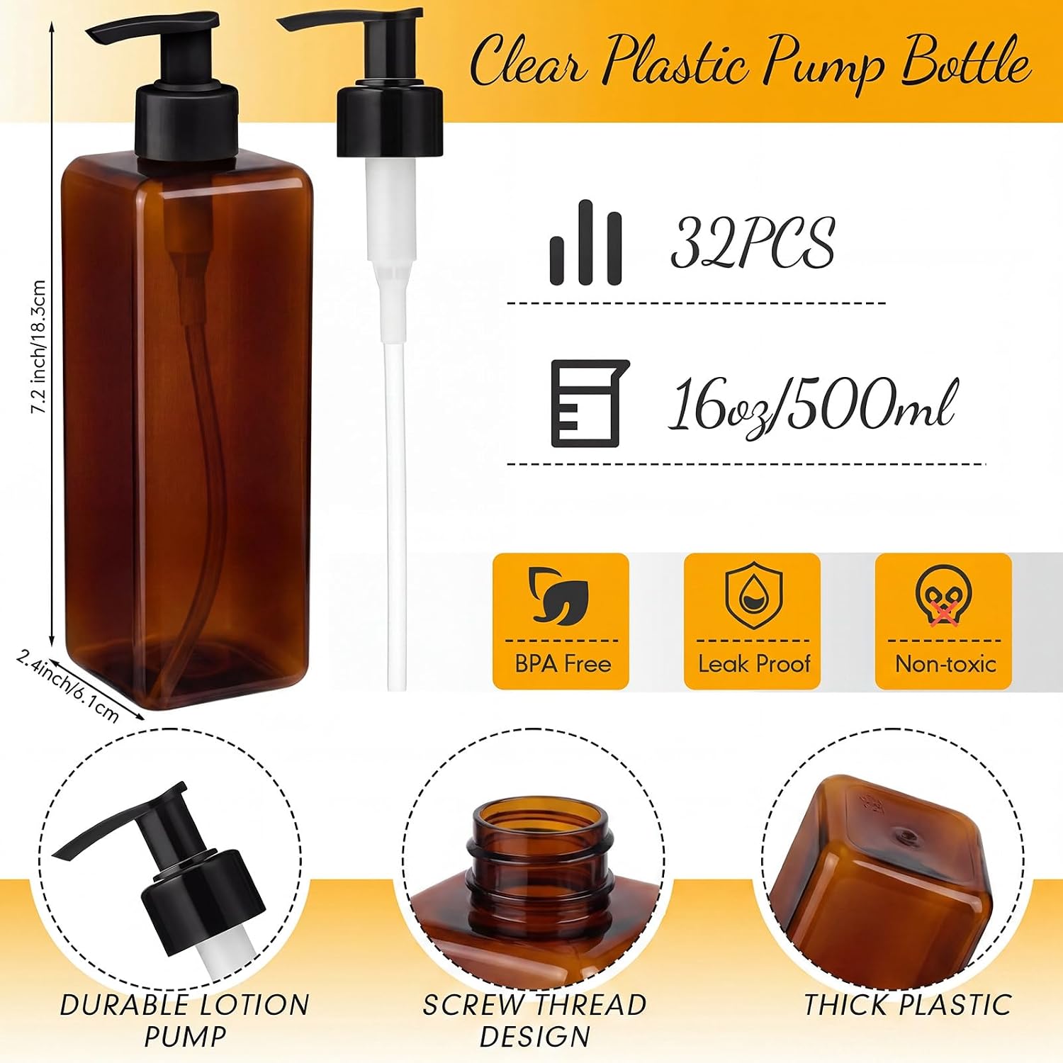 Zubebe 32 Pcs 16 oz Empty Plastic Pump Bottles Lotion Bottles with Pumps Clear Square Lotion Dispenser Refillable Shampoo Container for Massage Oil Liquid Soap Face Cream Moisturizer (Brown) image 2