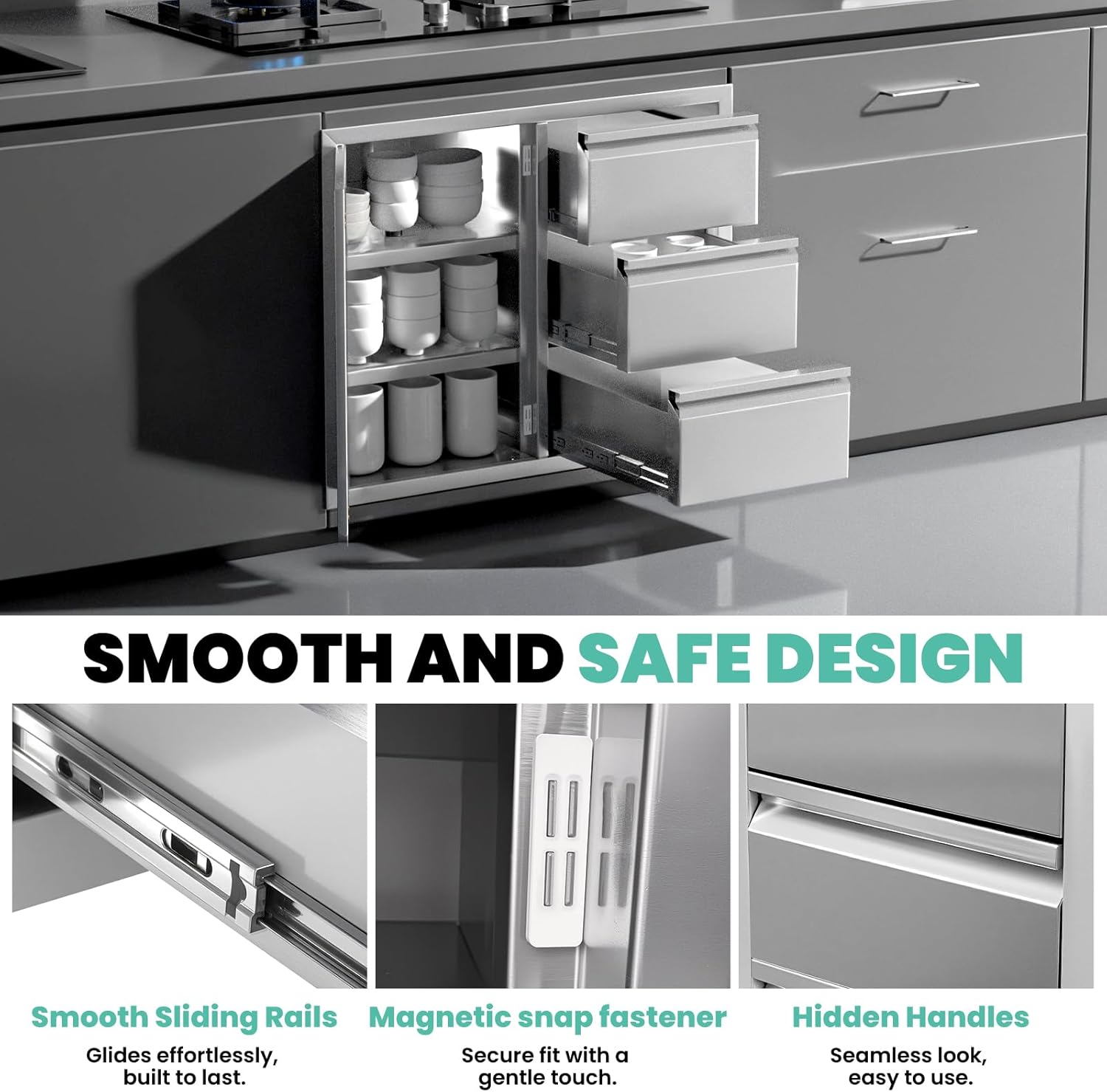 Outdoor Kitchen Drawers Combo Cabinet​, 28 x 22 x 19.5in Stainless Steel Cabinet​ Triple Drawers & Access Door, Multi-Layer Design with Partition, for Outdoor Kitchen Island Patio Grill Station