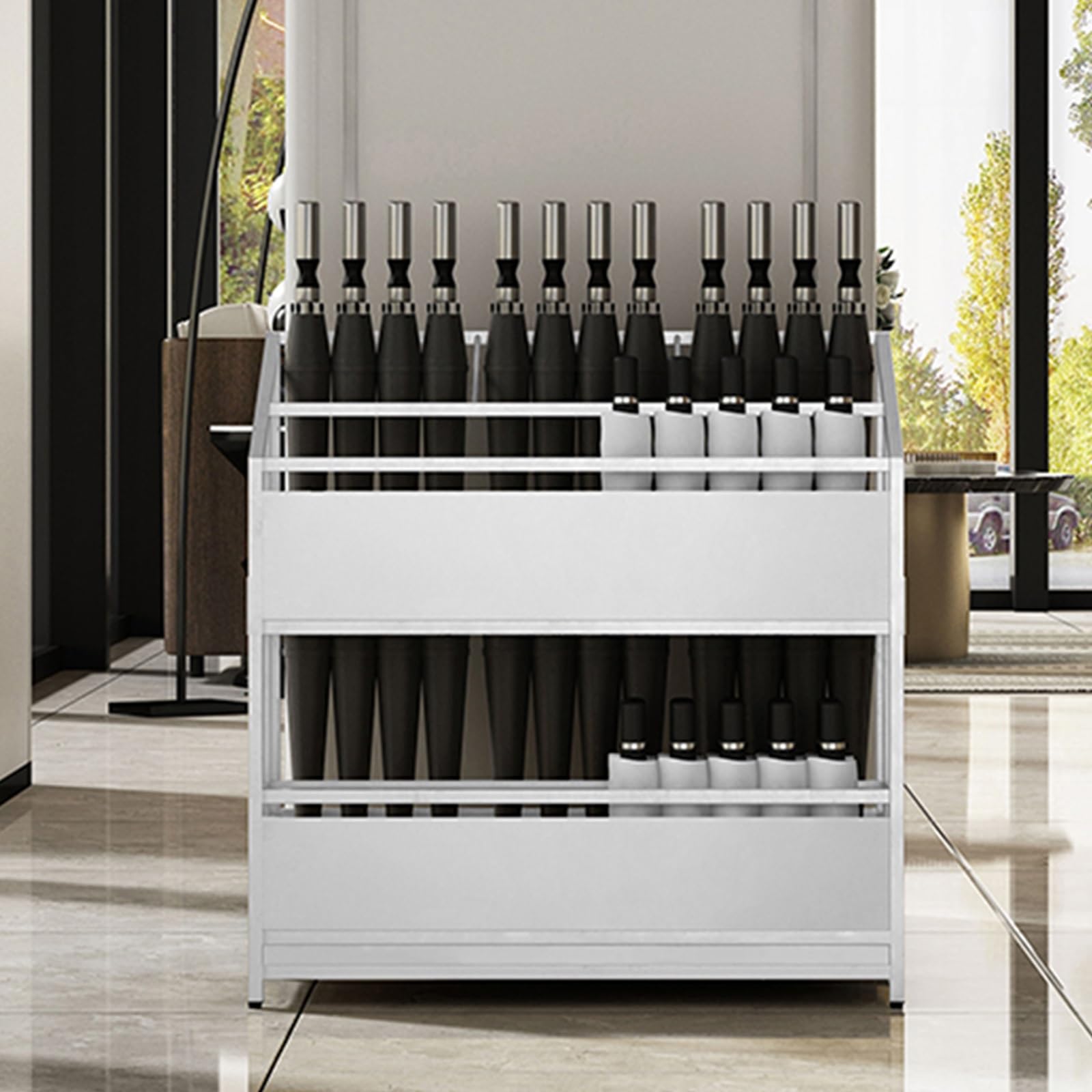 Large-Capacity Metal Umbrella Stand Holder for Hotels, 2-Tier Umbrella Organizer with Removable Drip Tray, Holds 45-60 Umbrellas, Stylish Gold Finish ,White-68*32*70cm/26.8*12.6*27.6in