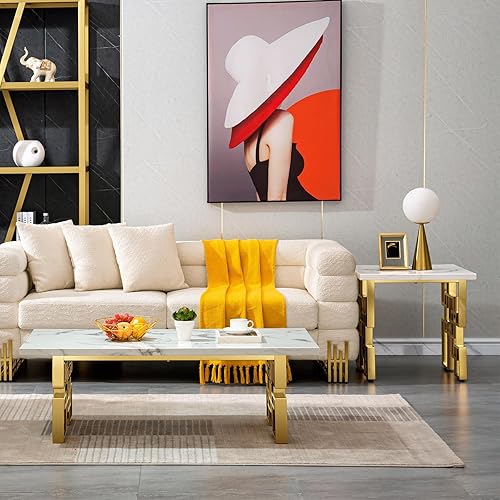 Miniatura 7 de AUZ Mesa auxiliar dorada, moderna mesa auxiliar cuadrada para sala de estar con parte superior blanca y base geométrica de metal dorado espejado