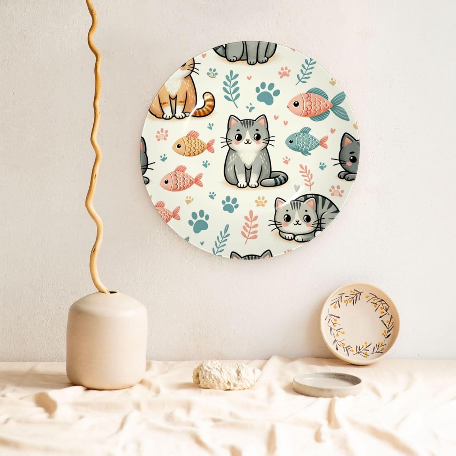 Small-Fish-Cat 10 Inch Decorative Plate With Stand, Elegant Display Wall Plate For Home Decor