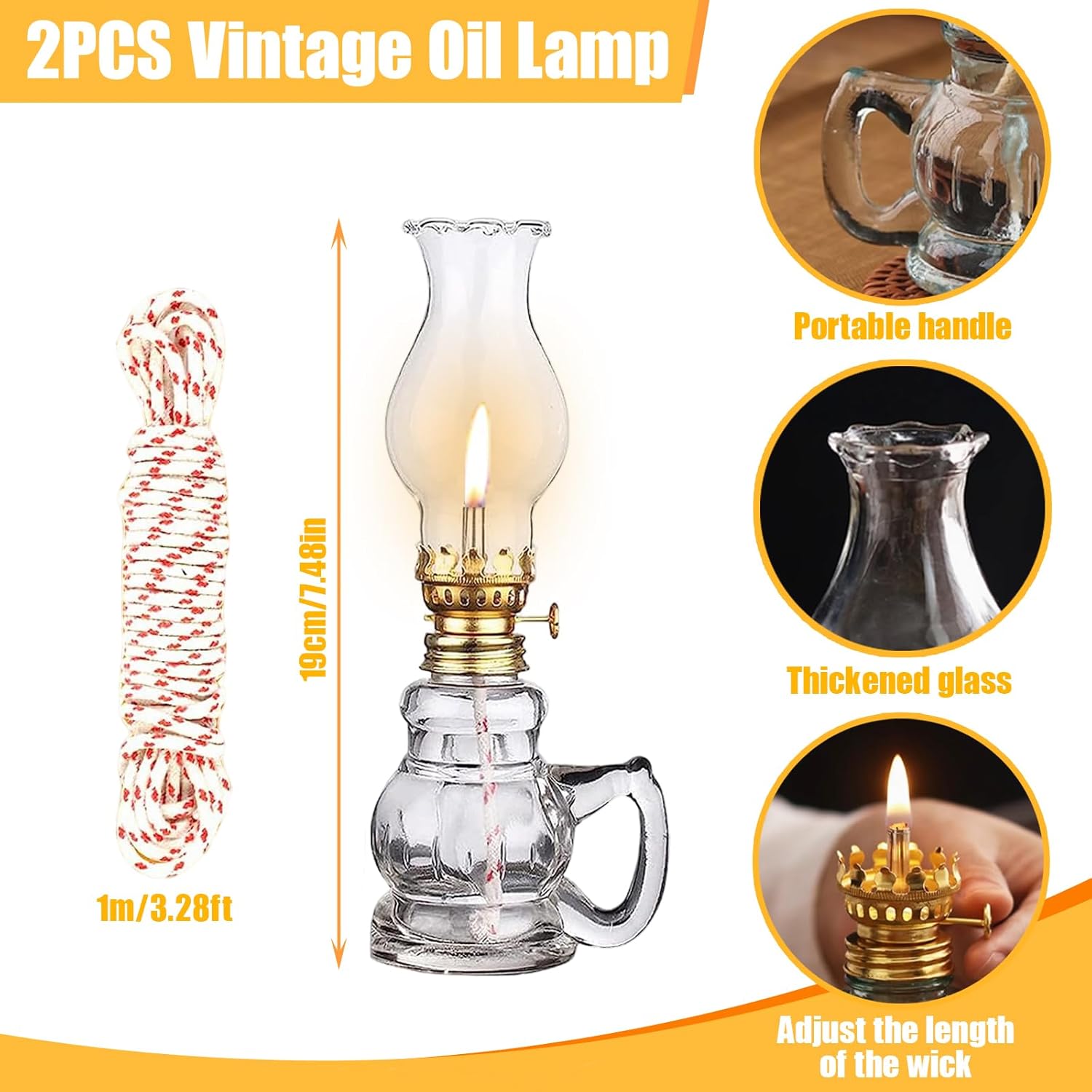 2PCS Chamber Oil Lamp Glass Kerosene Oil Lamps, Vintage Oil Lamps for Indoor, Home Lighting Hurricane Lamp Clear Kerosene Lamp Lantern, Oil Lantern for Tabletop Decor