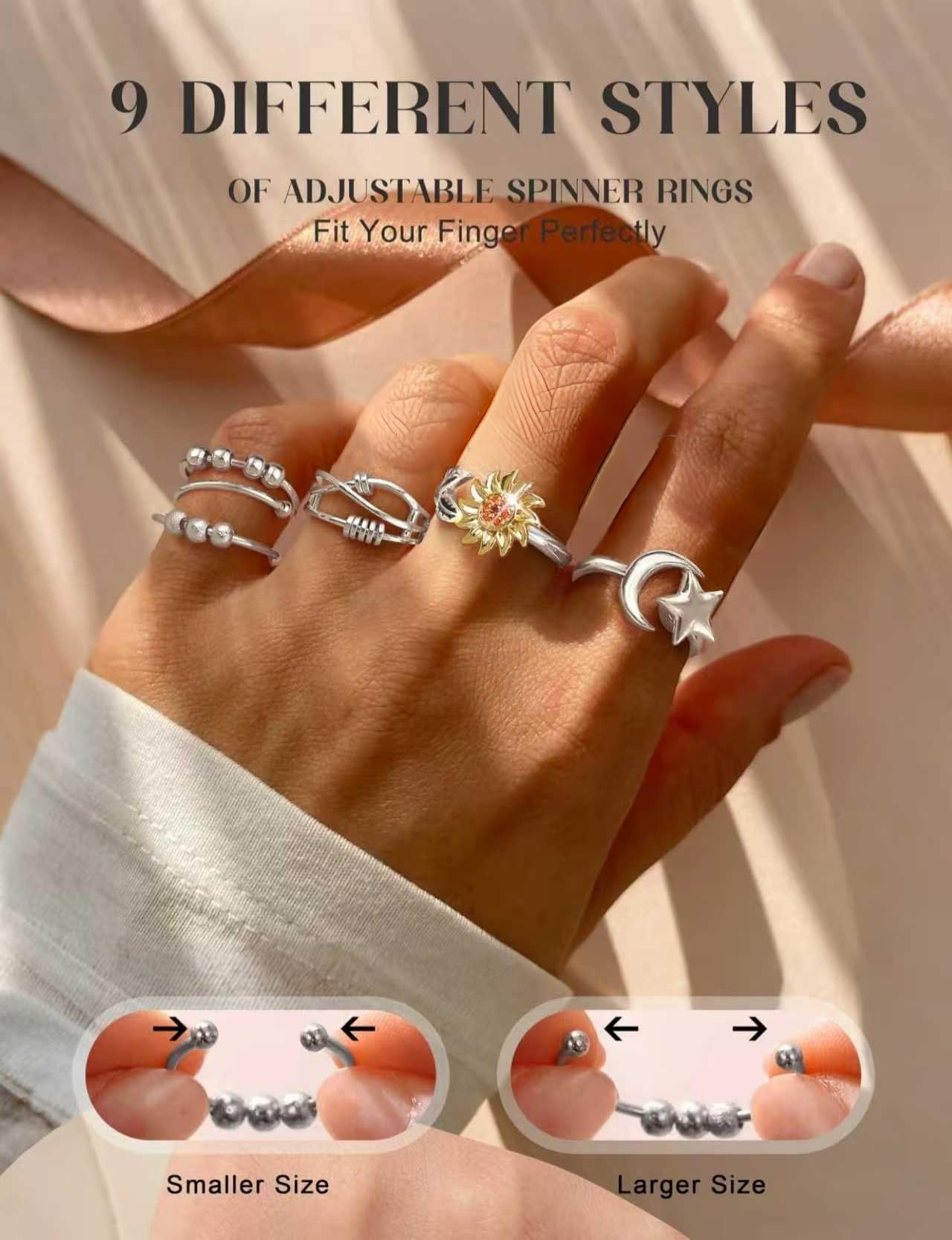 WBDWWTD KRFY Anillo de ansiedad para mujeres, anillo Fidget de plata para Adolescentes Niñas Niños, Anillos Fidget Ajustables con Spinner Abierto para Mujeres Ansiosas con Perlas Anillos para Pulgar