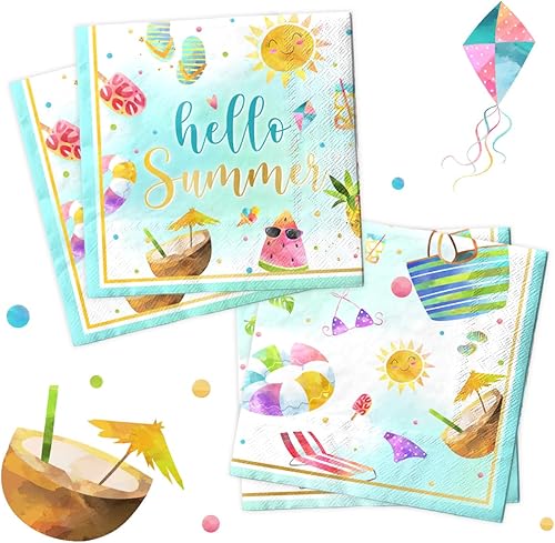 40 servilletas desechables para decoración de fiesta de verano de Hello Summer - Servilletas desechables para la playa hawaiana para suministros de