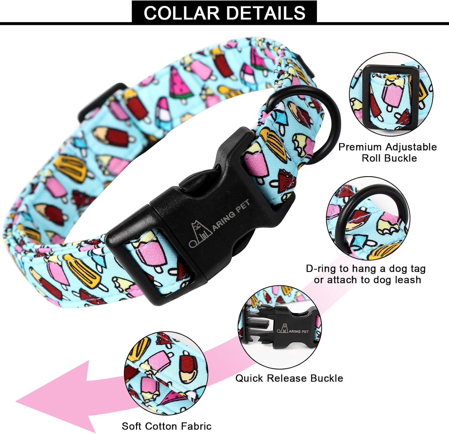 ARING PET Summer Dog Collar, Cute Blue Ice Cream Doggy Collars for Puppy Small Medium Large Boy Girl Dogs Pet, for Daily Photos Outdoor Beach Walking Picnic, L image 3