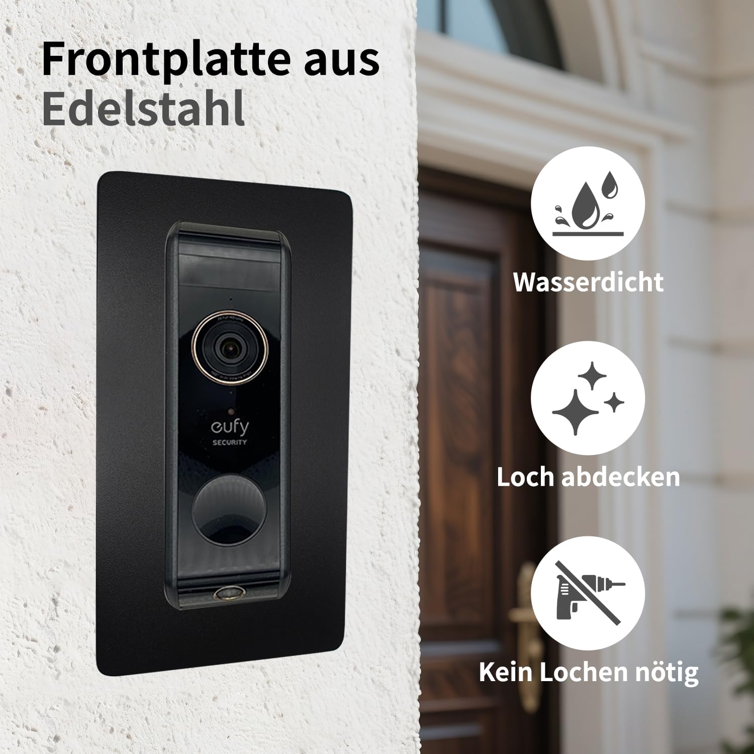 Placa frontal de acero inoxidable para timbre Eufy Video Doorbell E340, 2K HD, S330, Slim - Soporte robusto y cuchilla de accesorios para timbre (negro)