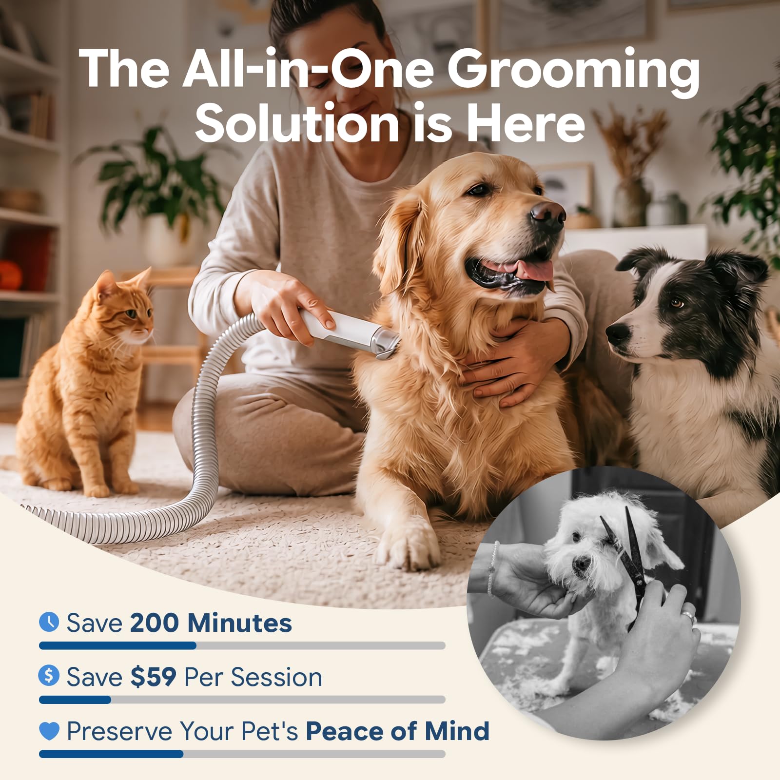 Kit de aseo para perros con aspiradora, 6 en 1 herramientas de aseo para mascotas para perros y gatos, 3 modos de succión, cepillo para polvo con cortaúñas, taza de polvo de 2 L para aseo