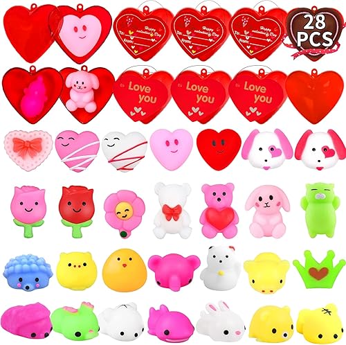 Paquete de 28 unidades de regalo para el día de San Valentín para niños, aula, San Valentín, mochi, juguete esponjoso, relleno de conchas de corazón