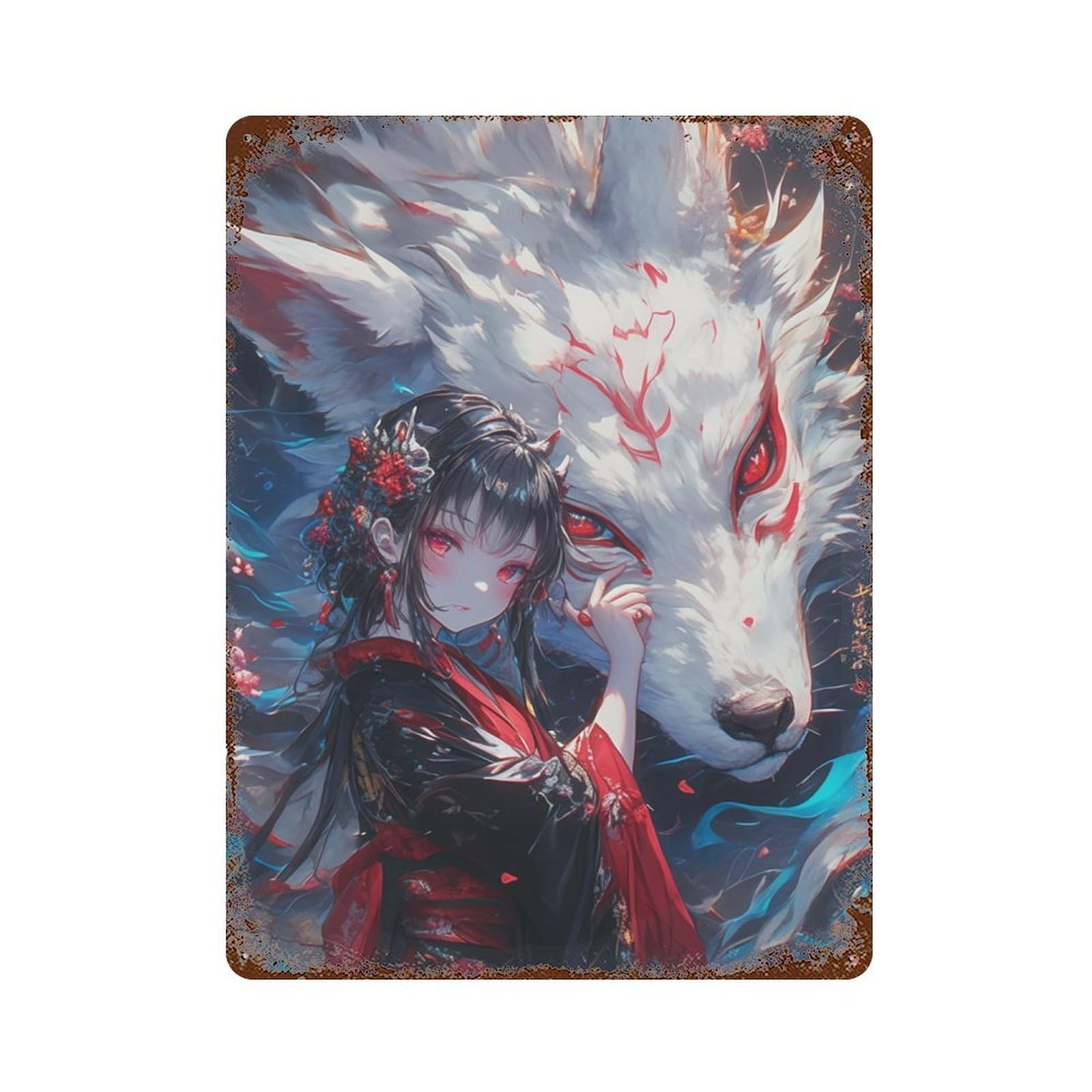 Garage Style Japanese Fox Spirit Artwork Rusty Metal Tin Sign 15.7"x11.8", Classic Wall Plaque for Bar And Workshop