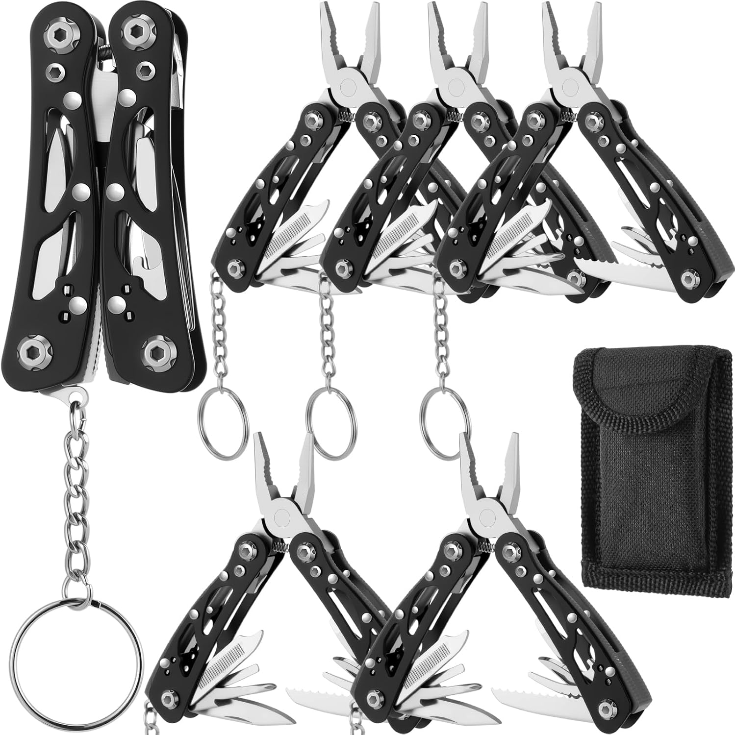 Lasnten 5 Sets Small Multitool Pliers Gift for Men, Stainless Steel Multi Tool with Oxford Cloth Cover, Pliers Foldable Bottle Opener Screwdriver Apply to Camping Dad Gifts (Black)