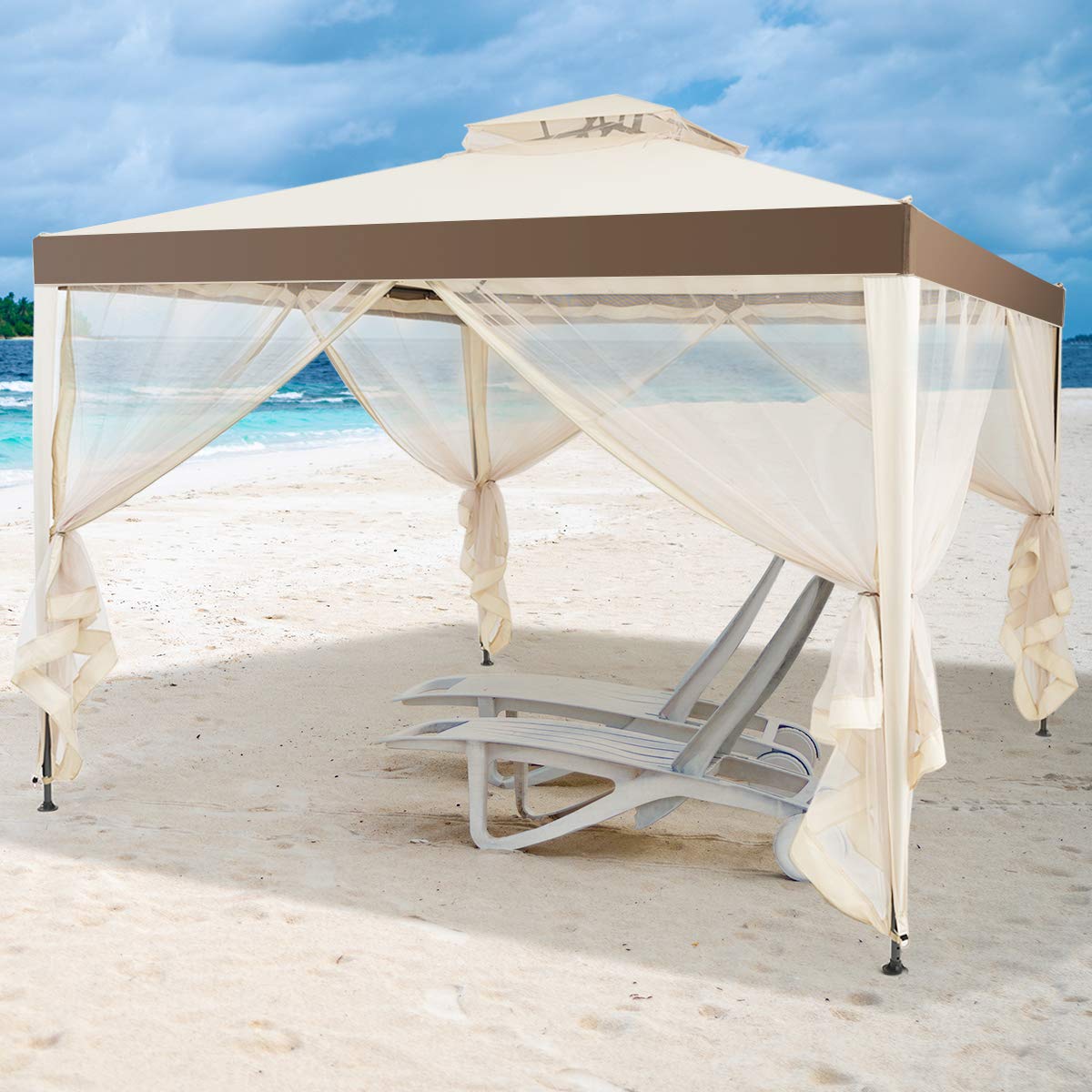 RELAX4LIFE Gazebo da Giardino 3x3M, Gazebo da Esterno con 4 Tendine Laterali, Doppio Tettuccio, Impermeabile e Protezione Solare, per Terrazza, Giardino, Patio e Cortile (3x3x2,65M, Beige)
