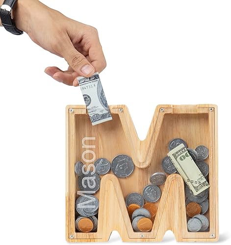 LanM - Alcancía de madera personalizada Caja de efectivo de animales y banco de 26 letras para niños y niñas, moneda grabada personalizada con