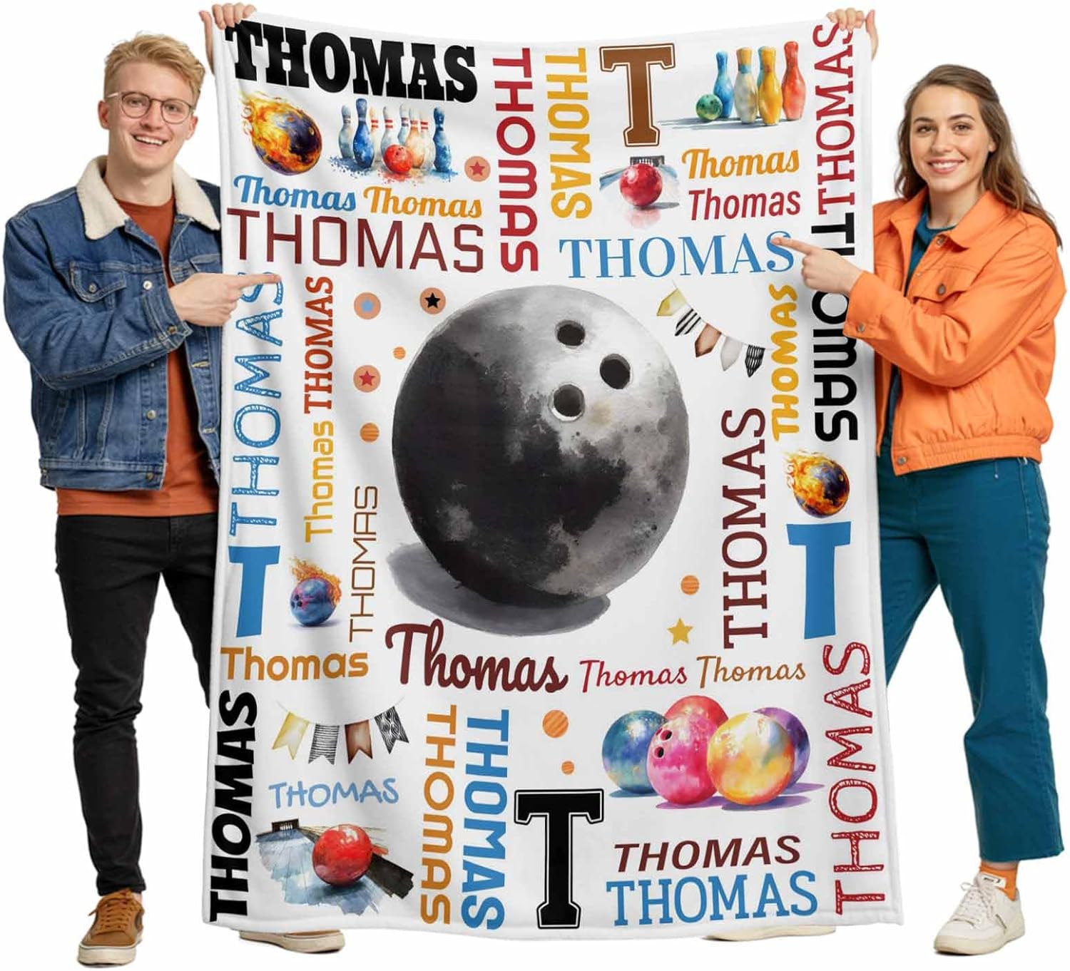 Shipped Next Day, Personalized Bowling Gifts for Men Women, Custom Bowling Blanket with Name, Customized Sport Pattern Throw Blanket for Home Decor, 50''x60''