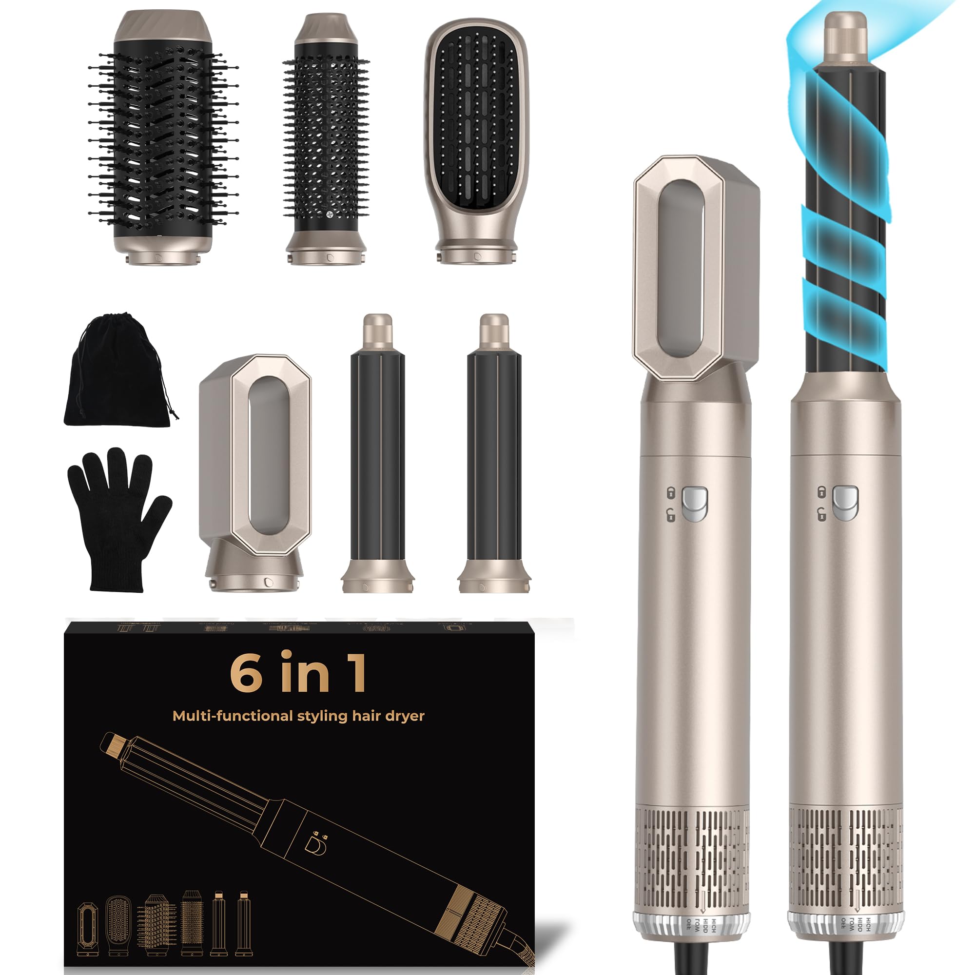 UKLISS Haarstyler & Haartrockner 6 in 1, Multistyler Haarföhn Set mit Luft Lockenstab Automatisch, Rundbürstenföhn, Thermal Brush, Hair Dryer, Warmluftbürste für Föhnen, Volumen, Locken - Gold
