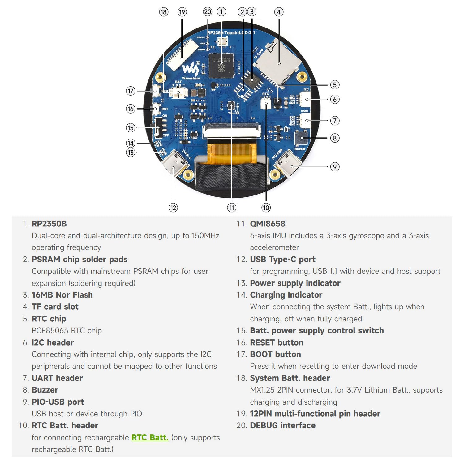 KLAYERS RP2350-Touch-LCD-2.1, płyta mikrokontrolera All-in-One, wersja z płaskim panelem dotykowym, wyświetlacz panelowy IPS 480 × 480, kolor 65K