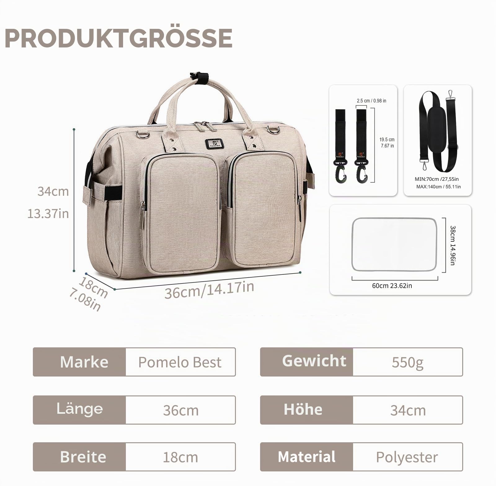 Pomelo Best Wickeltasche mit wasserdicher Wickelunterlage und 2 Kinderwagen Haken verstellbare Schultergurt multifunktionale Umhängetasche Reisetasche für Unterwegs