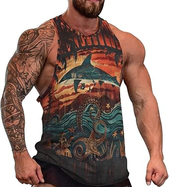 Mens Graphic Tank Tops Polynesia Print Beach Sleeveless Cut Off Muscle Shirts Vest