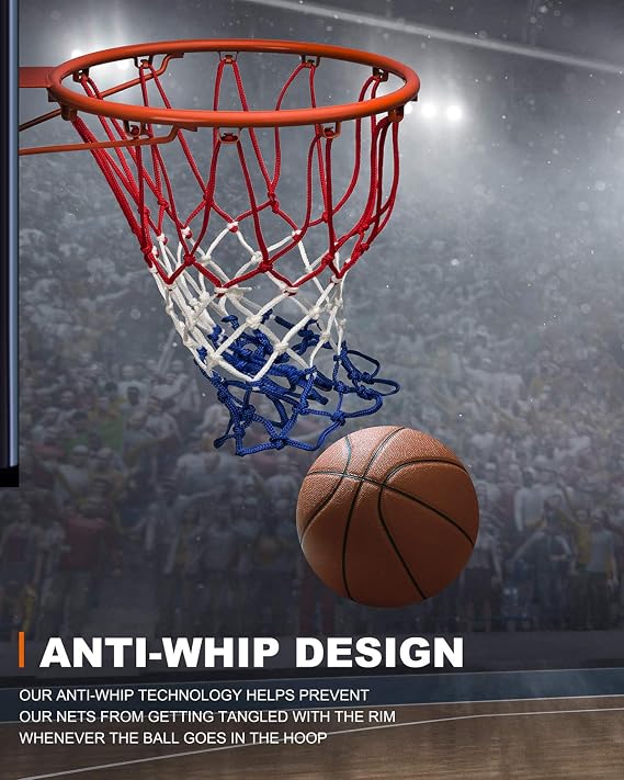 Basketball Net Replacement Heavy Duty, 2022 Professional On-Court Quality [6.88Ounce], Fits Outdoor Indoor Standard Rim, All Weather Anti Whip -12 Loops (Red White Blue+ White)