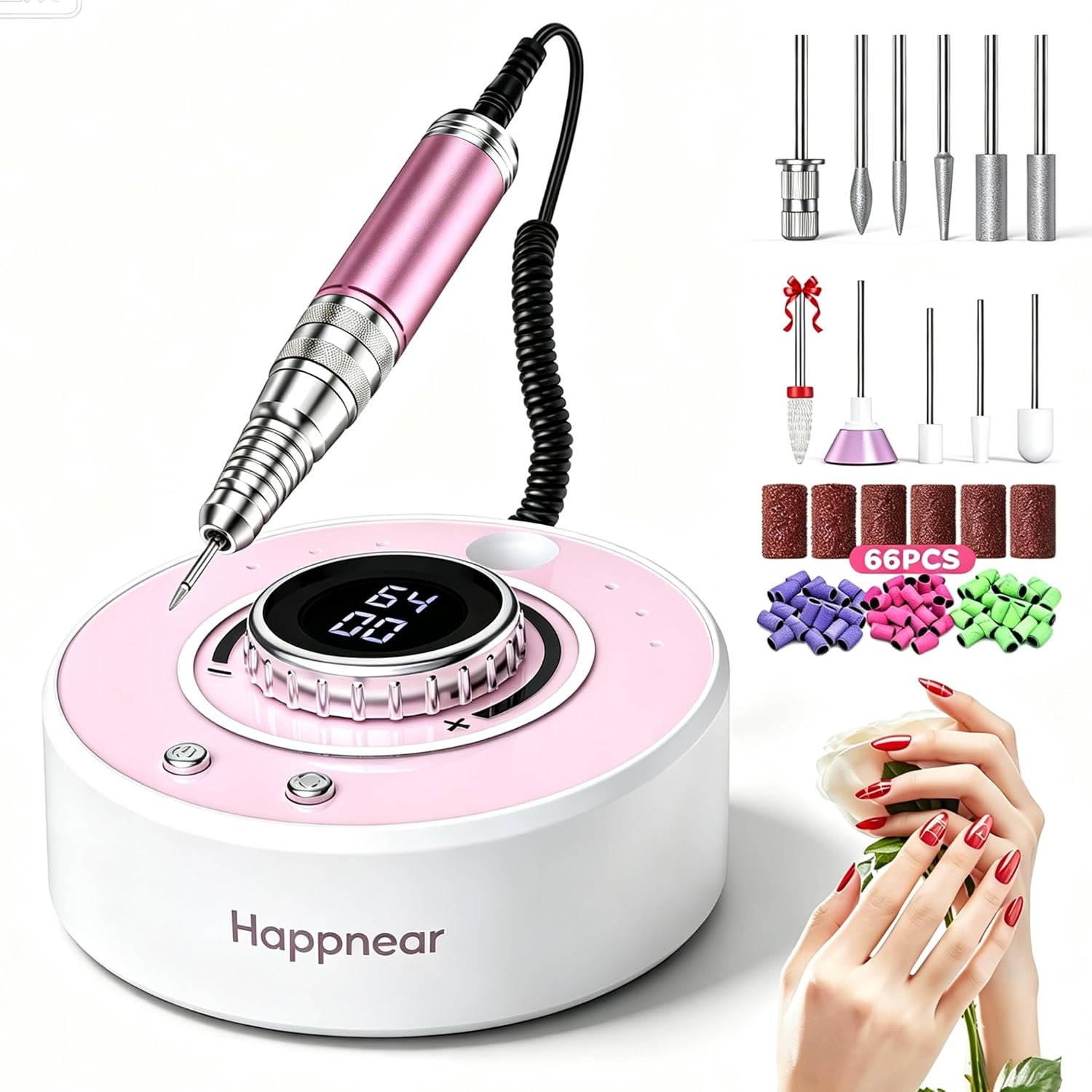 Electric Nail Drill Kit Professional 40000RPM Rechargeable Cordless Nail Drill with 12 Bits & 66 Sanding Bands for Acrylic/Gel Removal & Faster Shaping Manicure & Pedicure Home/Salon (Pink)