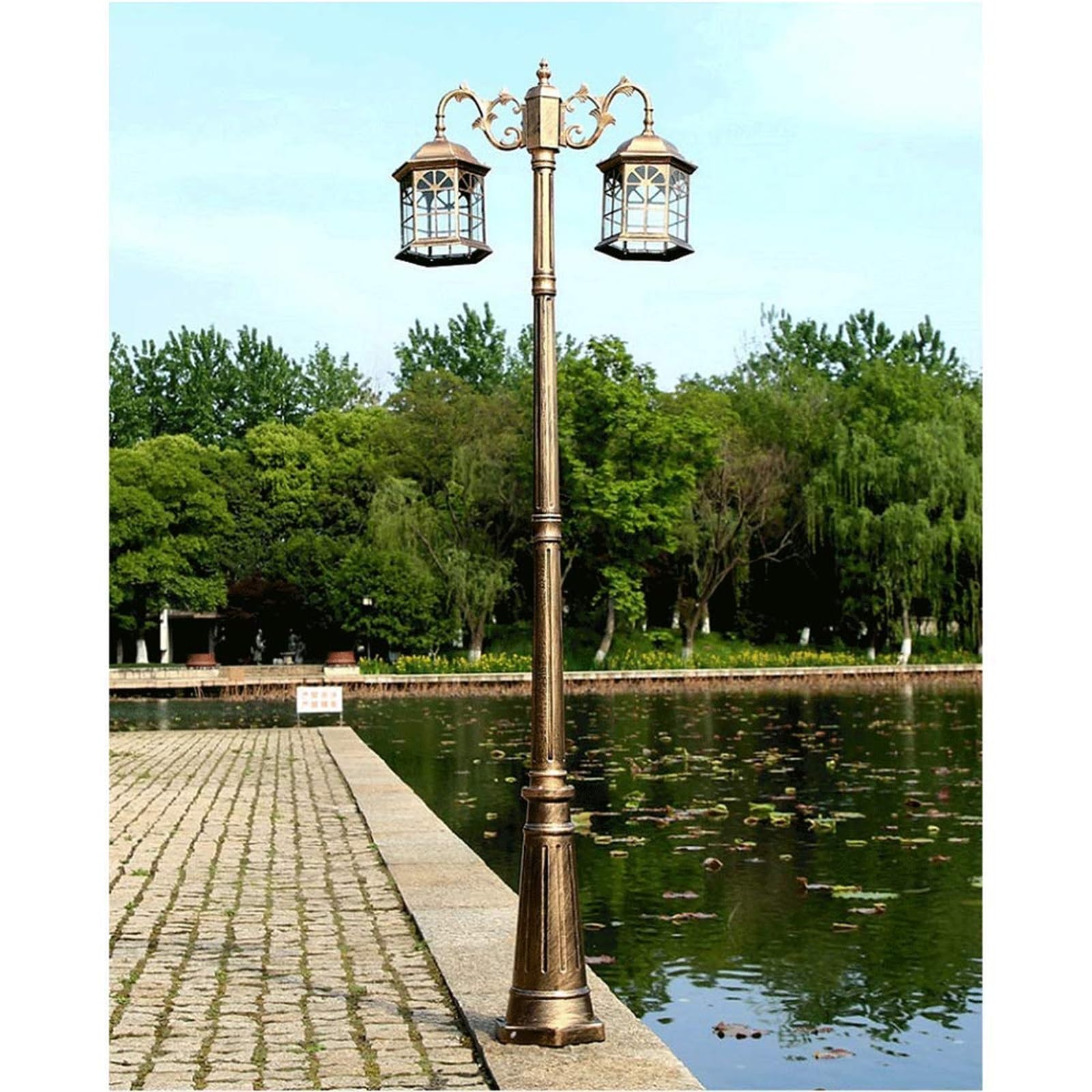 Lampy Zewnętrzne Do Oświetlenia Tarasu, Zewnętrzne Lampy Zewnętrzne, Tradycyjne Lampy Zewnętrzne, Odlewane Aluminiowe, Podwójne Głowice, Wysoki Słup Oświetlenio(Brązowy-Wysokość 320 Cm)
